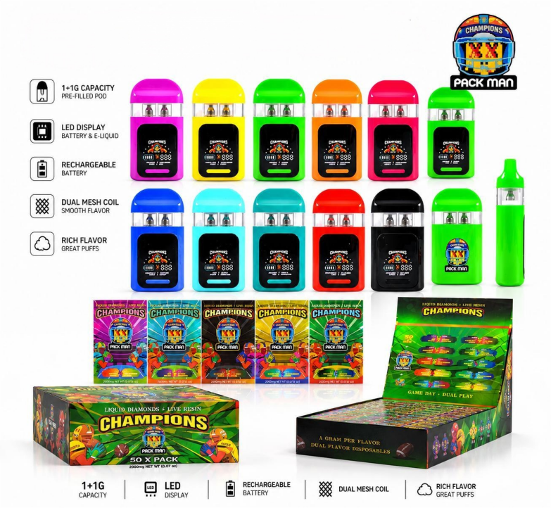 packman champions 1+1g led dual chamber disposable vape packman champions 1+1g led dual chamber disposable vape